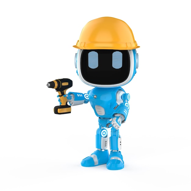 Süßer und kleiner Assistenzroboter für künstliche Intelligenz mit gelbem Helm und Werkzeug