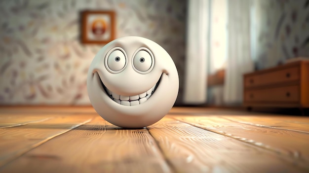 Foto süßer und lustiger 3d-cartoon-ball mit einem smiley-gesicht auf einem holzboden der ball hat große augen und ein breites lächeln