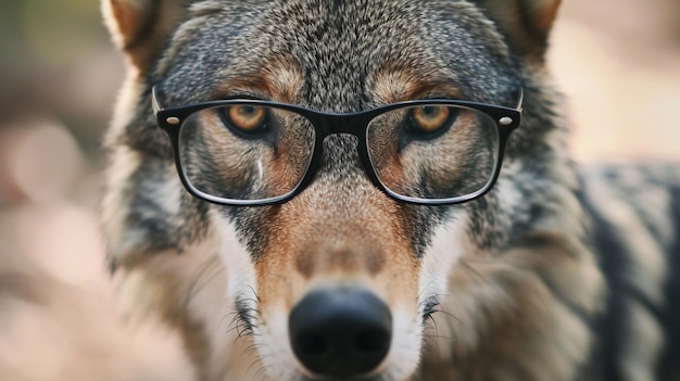 Foto süßer wolf in nahaufnahme mit brille porträt von wolf mit brille generative ai