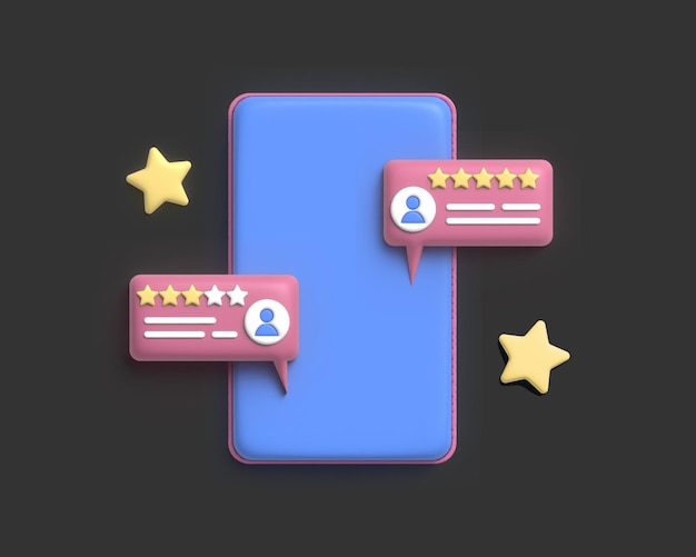 süßes 3d-illustration-feedback in sozialen medien und bewertung vom kunden per handy