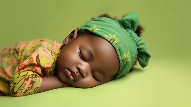 Süßes afrikanisches kleines Mädchen liegt auf dem Boden und schläft mit geschlossenen Augen im hellgrünen Hintergrund