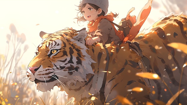 süßes Anime-Mädchen reitet auf einem großen Tiger