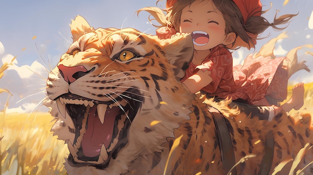 Foto süßes anime-mädchen reitet auf einem großen tiger