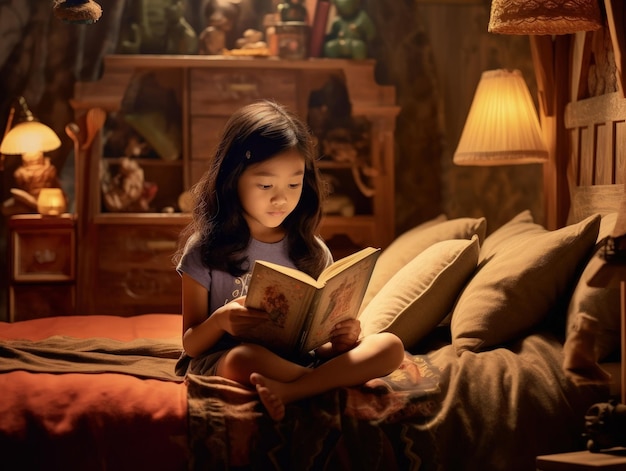 Süßes asiatisches Mädchen liest vor dem Schlafengehen im gemütlichen Schlafzimmer ein Buch. Generative KI