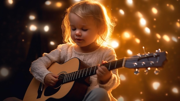 süßes Baby, das Gitarre spielt und Rauch auf dem Hintergrund glänzt