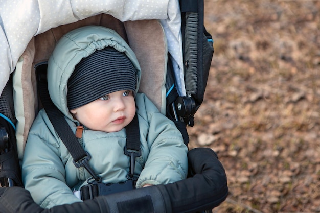 Süßes Baby, das in einem Kinderwagen sitzt, der mit Sicherheitsgurten befestigt ist, kopiert Platz