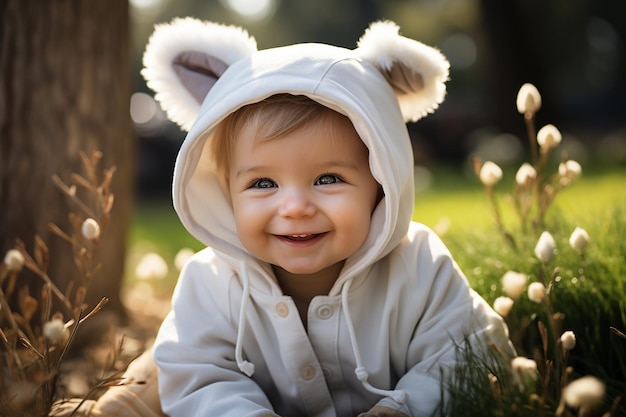 Foto süßes baby in einem kaninchenkostüm sitzt auf dem gras