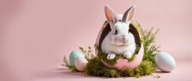 Süßes Baby Kaninchen als Osterhase, das in einem Oster Ei sitzt