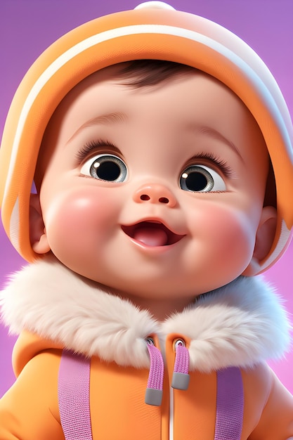 Foto süßes baby mit orangefarbener jacke und hut, 3d-renderingjpg