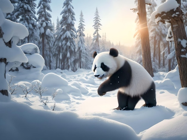 Foto süßes baby-panda auf schnee über winterwald am tagmittag licht hintergrund ki generiert