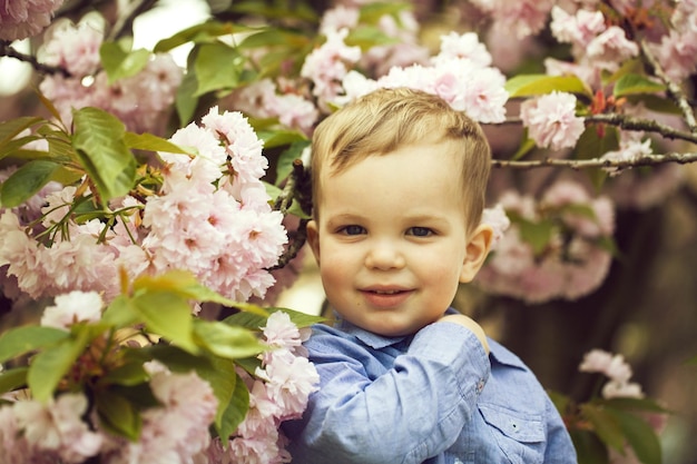 Süßes Baby unter rosa blühenden Blumen