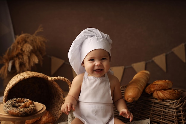 süßes blondes kind in einem kochkostüm glückliches baby das kind schaut in den rahmen