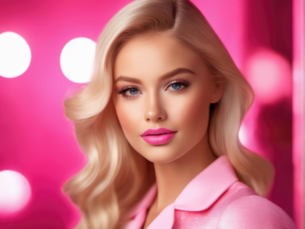 Süßes blondes Mädchen im Puppenstil im modischen rosa Kleidstudio rosa Pastellhintergrund