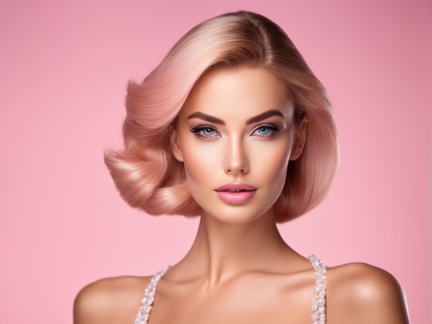 Süßes blondes Mädchen im Puppenstil im modischen rosa Kleidstudio rosa Pastellhintergrund