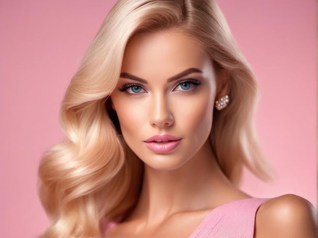 Süßes blondes Mädchen im Puppenstil im modischen rosa Kleidstudio rosa Pastellhintergrund