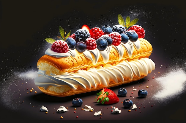 Süßes Dessert Eclair mit Sahne und Beeren auf dunklem Hintergrund