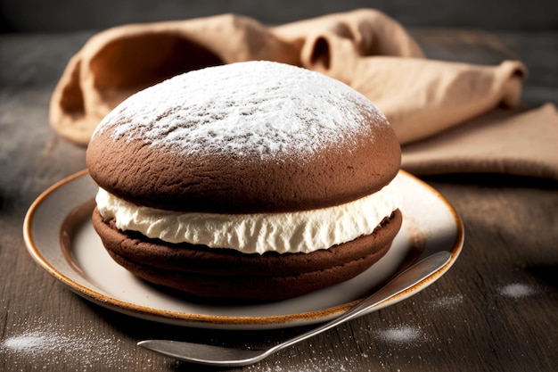 Süßes Dessert hausgemachter Whoopie Pie mit Puderzucker und Schokolade