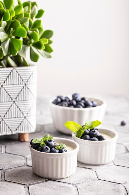 Süßes Dessert Vanille Panna Cotta mit Blaubeeren