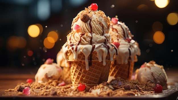 Foto süßes eis in verschiedenen farben und gefüllt mit fruchtcreme und schokoladenstreuungen