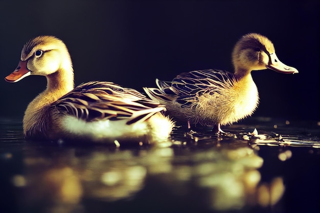 Süßes Entlein, das in einem Teich im Freien bei strömendem Regen spielt