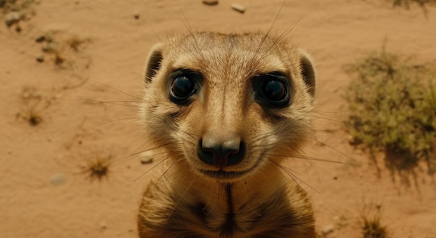 Süßes Erdmännchen, das wachsam die Tierwelt im Vordergrund anstarrt, die von KI generiert wurde