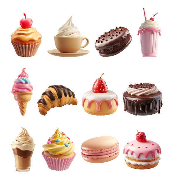Süßes Essen 3D-Ikonensatz Kuchen Cupcake Kaffee Milchshake Makaron Croissant AI Generativ