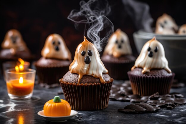 Foto süßes essen für halloween-geister-cupcakes, dekoriert mit halloween-inspirierten dekorationen im stil von dunkelorange und dunkelbrauner generativer ki