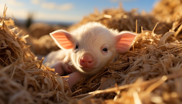 Süßes Ferkel und flauschiger Welpe spielen auf der sonnigen Wiese, erzeugt durch künstliche Intelligenz