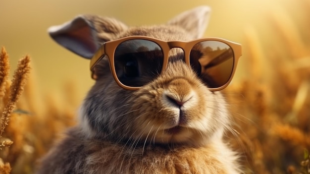 Süßes flauschiges Kaninchen mit Sonnenbrille mit lustigem Dekor auf hellem Hintergrund