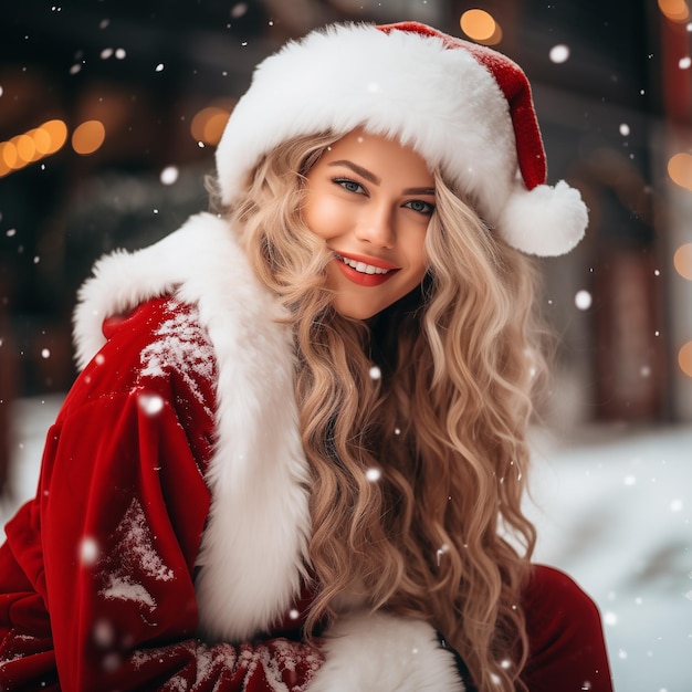 süßes Fotoporträt einer blonden Frau als Weihnachtsmann