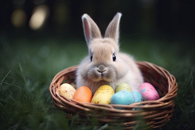 Süßes Häschen sitzt auf einem kleinen Korb mit bunten Eiern Realistisches Osterhasenkonzept mit verschwommenem Grashintergrund Ostersonntag süßes Häschen sitzt mit bunten Ostereiern Generative KI