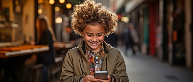 Foto süßes hispanisches mädchen mit einem smartphone auf der straße mit einem selbstbewussten lächeln