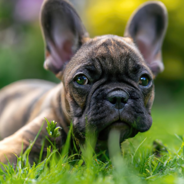 süßes Hündchen mit grünem Gras Bokeh Hintergrund Premium-Foto