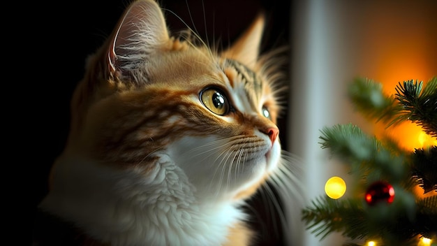 Süßes Ingwer-Kätzchen, das auf Weihnachtsbaum-neuronales Netzwerk schaut, generierte Kunst