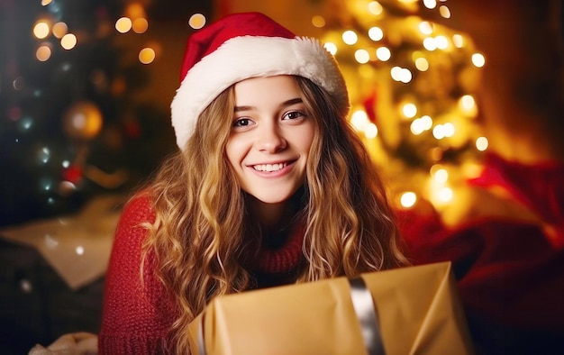 Foto süßes junges mädchen mit weihnachtsmütze lächelnd und mit einem weihnachtsgeschenk zu hause mit baumlichtern bokeh