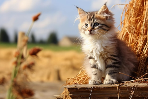 Süßes Kätzchen im kleinen Bauernhofkätzchen mit lustigem Aussehen