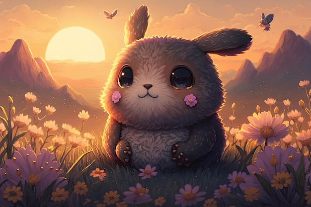 Süßes Kaninchen auf der Blütenwiese während eines wunderschönen Sonnenuntergangs Generative KI