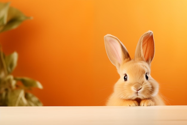 süßes Kaninchen auf verschwommenem weichen orange-weißen Hintergrund für süßes und entspanntes Design