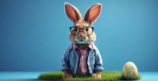 süßes Kaninchen im Kleid und mit Brille steht auf dem Gras Ostertag Eier um es herum