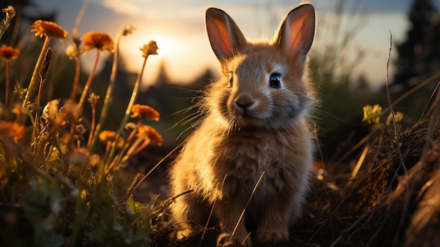 Foto süßes kaninchen im sonnenuntergang