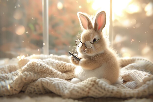 Süßes Kaninchen mit Brille, das ein Handy hält Glücklicher Osterkarten-Hintergrund
