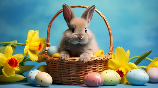 Foto süßes kaninchen mit bunten, bemalten ostereiern