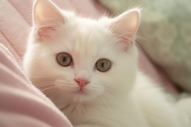 Süßes kleines, flauschiges Kätzchen mit schönen Augen sitzt oder ruht sich zum Tag der britischen Kurzhaarkatze aus