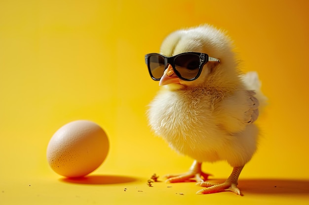 Foto süßes kleines huhn in sonnenbrille mit einem ei auf einem gelben hintergrund