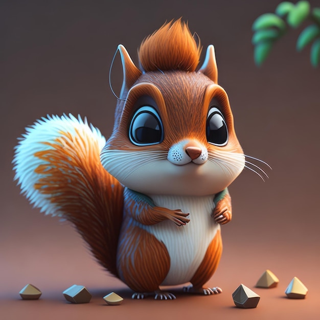Süßes, kleines, hyperrealistisches, animiertes 3D-Eichhörnchen