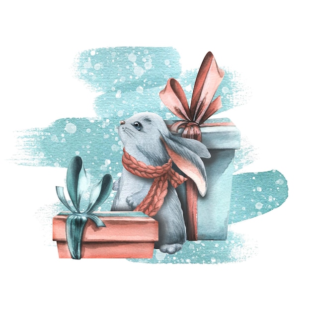 Süßes kleines Kaninchen mit Weihnachtsgeschenken auf dem Hintergrund blauer Farbstriche mit Schneeflocken Aquarellillustration Die Zusammensetzung eines großen Satzes COSY WINTER für Dekoration und Design