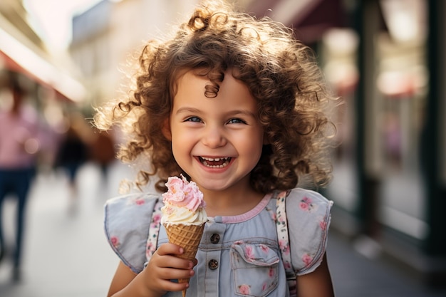 Süßes kleines kaukasisches Mädchen im Freien mit einem Cornet-Eis