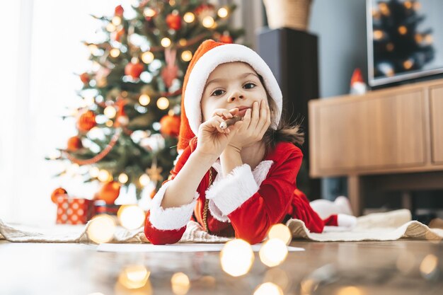 Süßes kleines Mädchen, 56 Jahre alt, mit Weihnachtsmannmütze, das dem Weihnachtsmann am festlichen Baum seine Wünsche schreibt und dessen Augen voller Träume sind