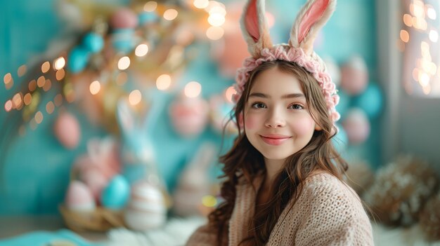 süßes kleines Mädchen mit Kaninchenohren mit Ostereiern auf Ostern-Hintergrund Osterkarten
