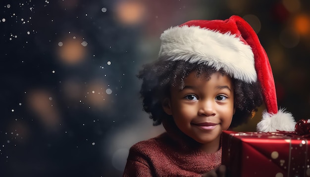 Süßes kleines Mädchen mit lockigem Afro-Haar hält abends ihre Geschenkbox in der Nähe des Weihnachtsbaums